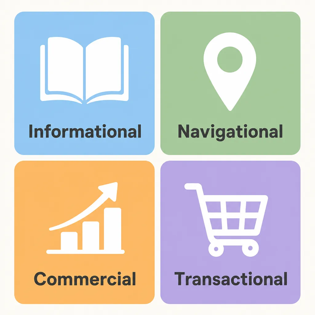 Infographic of the 4 SEO search intent types: informational (book), navigational (map pin), commercial (chart) and transactional (shopping cart).