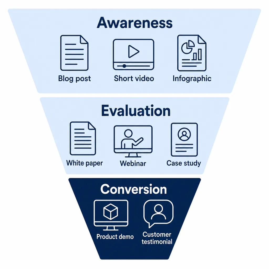Funnel diagram of content formats for each customer journey stage: Awareness (blog posts, videos), Evaluation (white papers, webinars), Conversion (demos, testimonials).