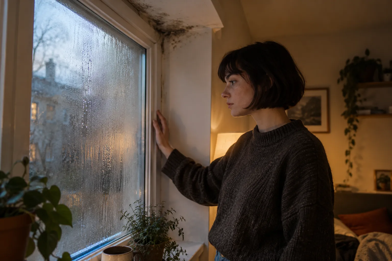 Une femme regarde par une fenêtre humide en laissant la main sur le rebord de la fenêtre dans une pièce chaleureuse.