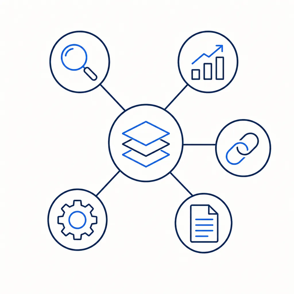 Schéma en étoile d'une plateforme SEO reliée à cinq fonctions : recherche, analyse, audit technique, contenu et netlinking.