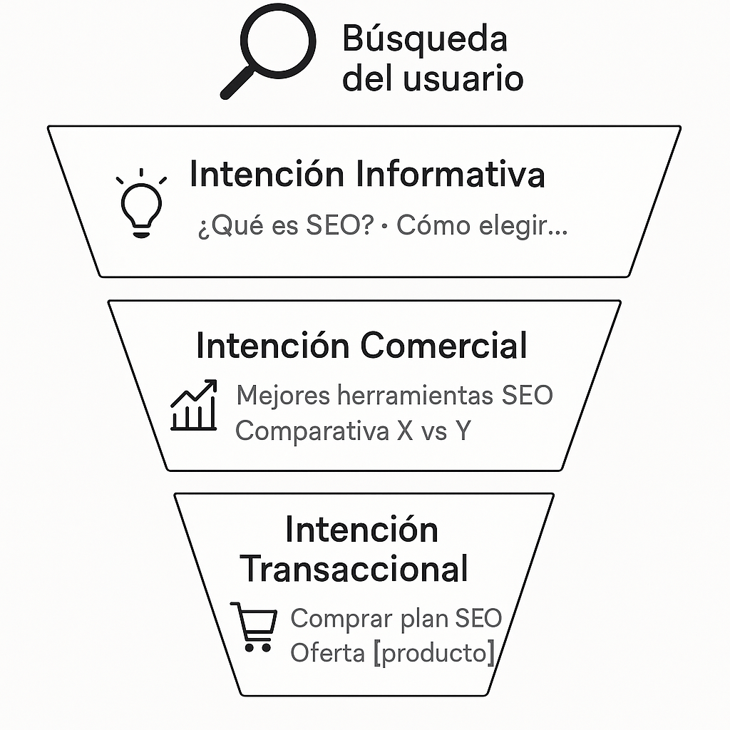 Esquema de las intenciones de búsqueda SEO, mostrando un embudo desde la intención informativa, pasando por la comercial, hasta la transaccional, con ejemplos de palabras clave para cada etapa.