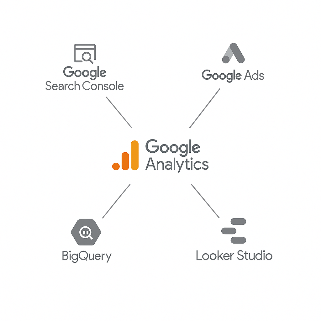 Schéma montrant l'écosystème de Google Analytics 4, connecté à d'autres outils Google comme Search Console, Google Ads, Looker Studio et BigQuery.