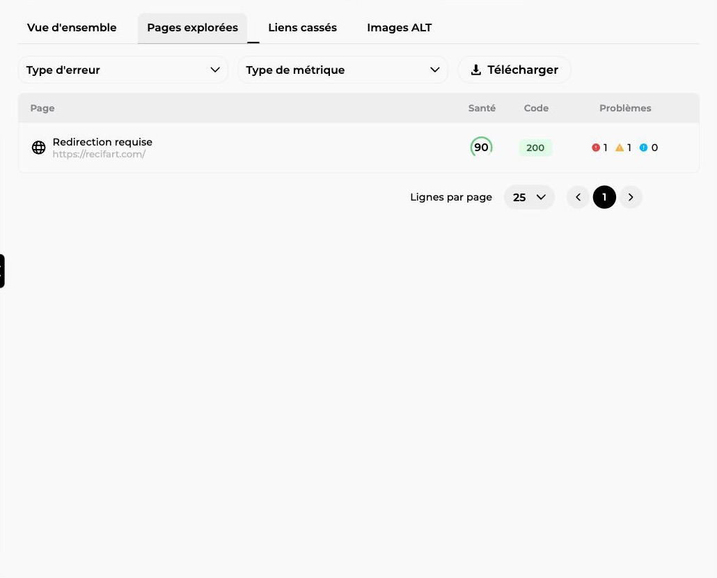 Onglet Pages explorées de l'audit technique avec filtres, score de santé par page, code HTTP et compteurs de problèmes