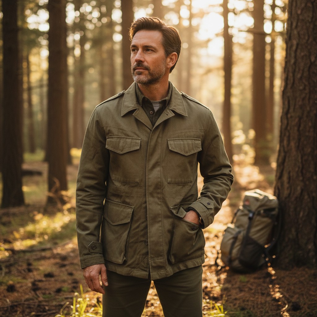 Homme portant une veste militaire olive à plusieurs poches dans une forêt, ambiance estivale, sac à dos en arrière-plan. choisir sa veste militaire pour le style mode intégré naturellement.