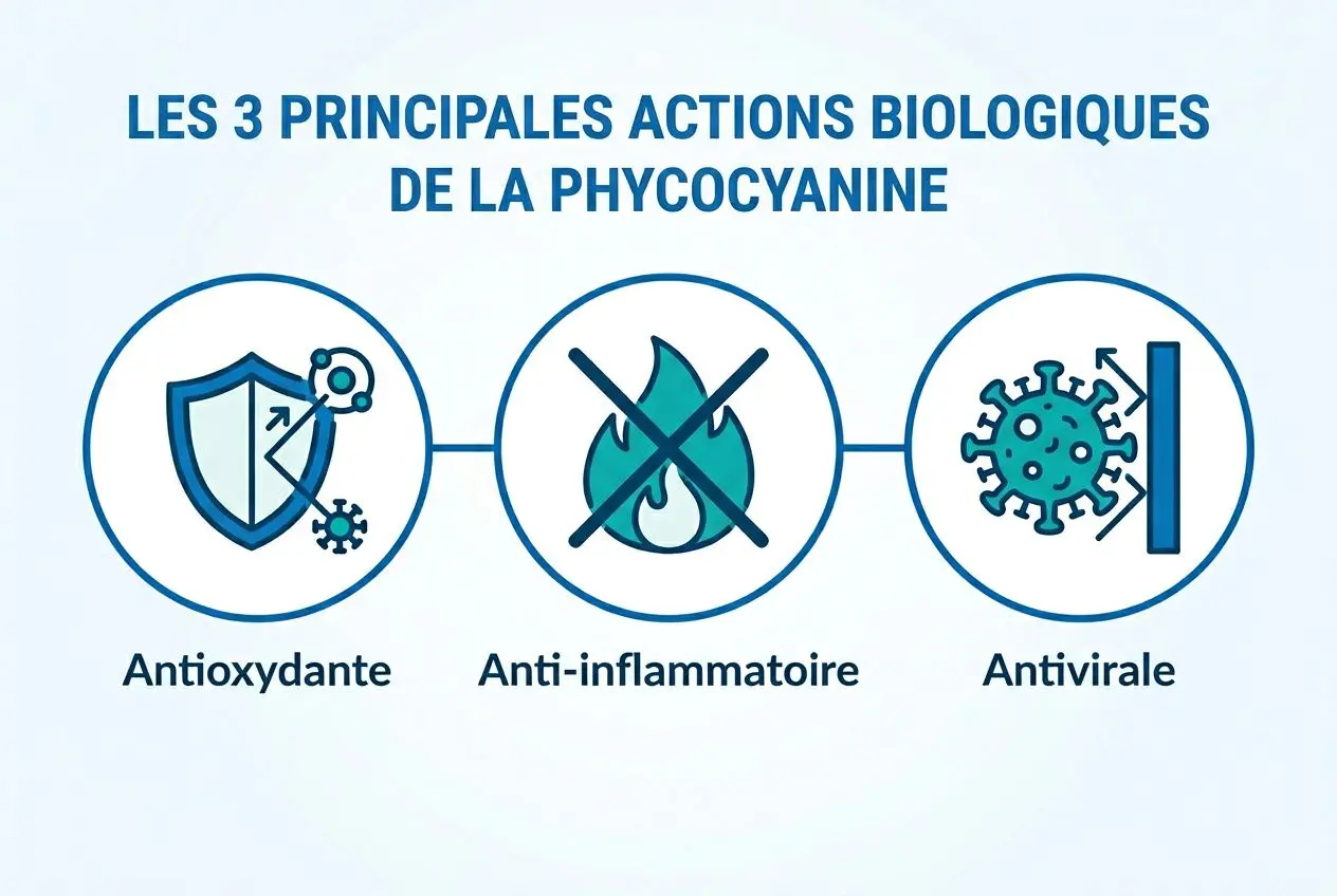 Les 3 principales actions biologiques de la phycocyanine: Antioxydante, Anti-inflammatoire, Antivirale, avec icônes circulaires et lien visuel. diff? intégration du mot-clé: différence entre la spiruline et la phycocyanine.