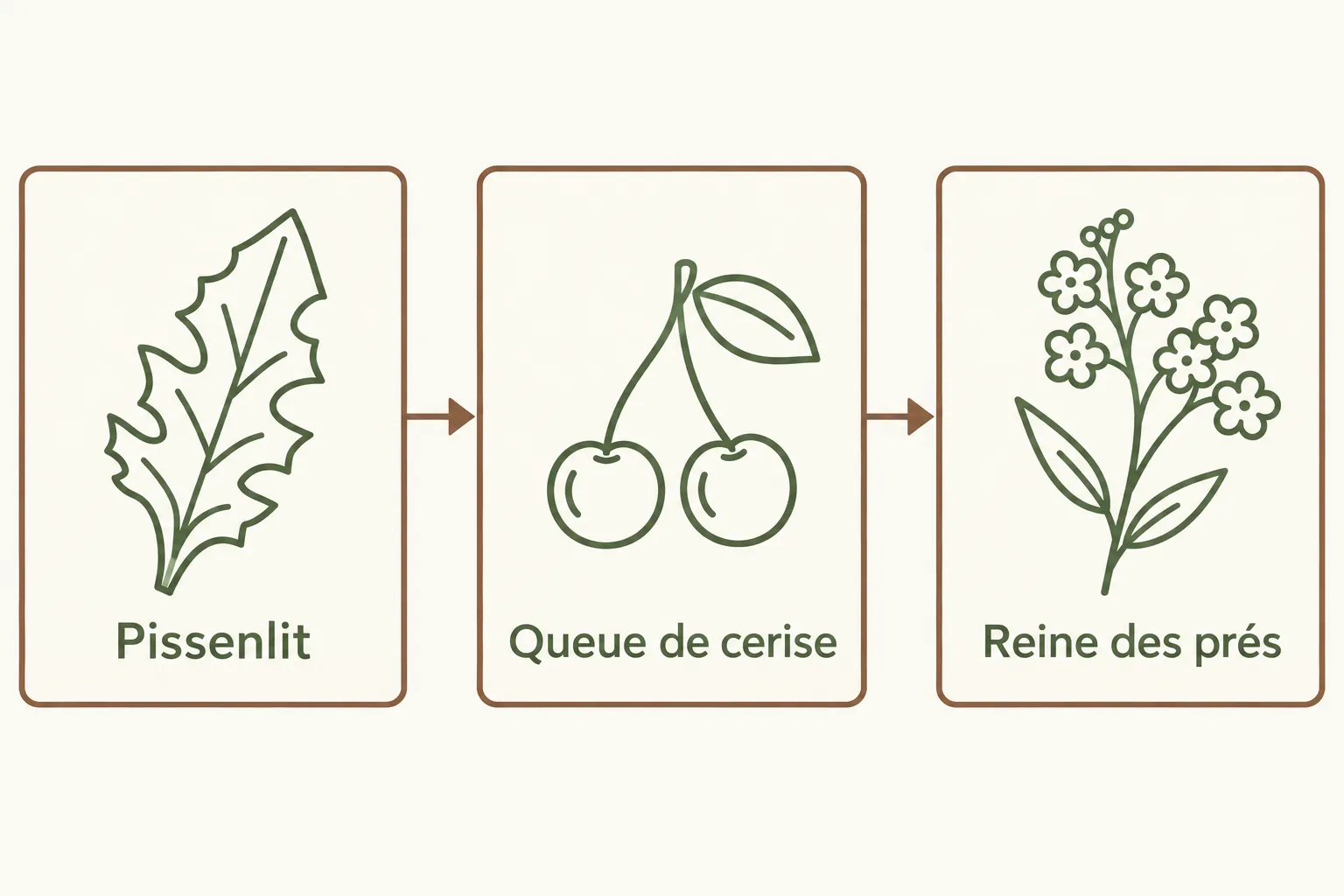Schéma de progression: Pissenlit → Queue de cerise → Reine des prés, montrant une chaîne d’ingrédients potentiels.