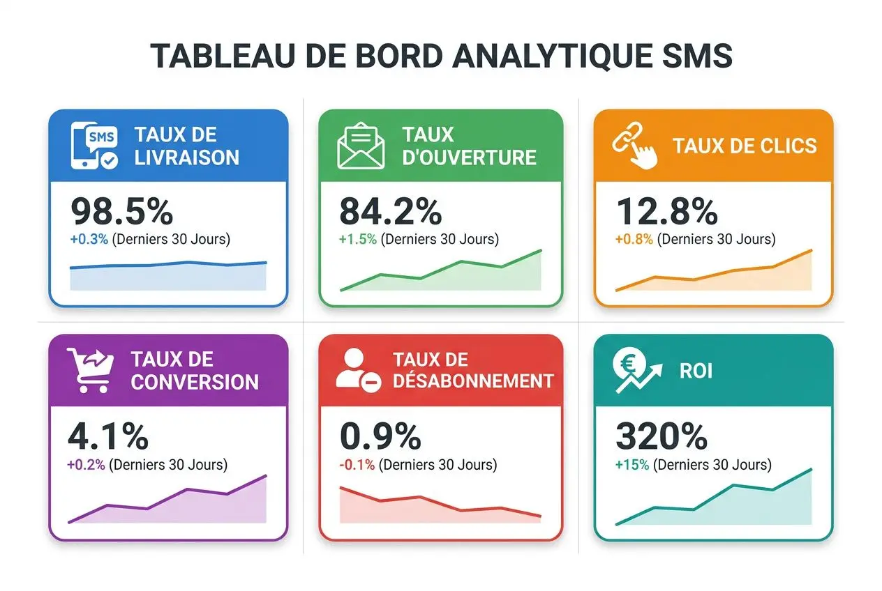 Tableau de bord analytique SMS montrant les KPI clés: taux de livraison 98,5 %, taux d’ouverture 84,2 %, taux de clics 12,8 %, taux de conversion 4,1 %, taux de désabonnement 0,9 %, ROI 320 %.