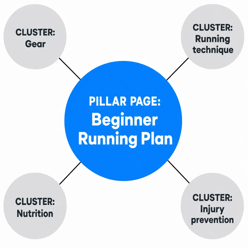Diagram of the SEO topic cluster model with a central pillar page on beginner running and cluster articles on gear, technique, nutrition and injuries.