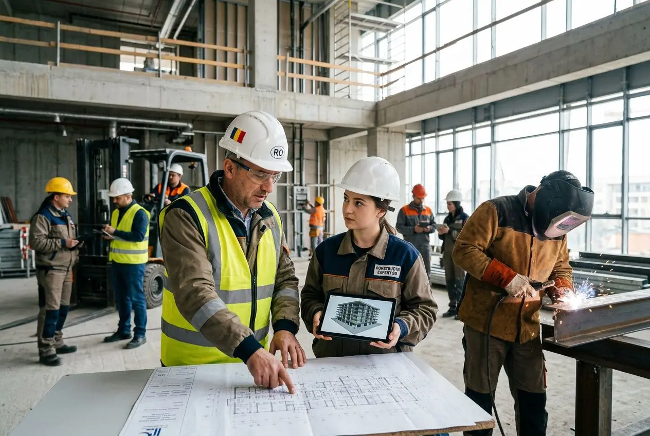Chef de chantier et collègue examinant des plans sur un chantier, avec d’autres travailleurs en arrière-plan; atelier et équipements visibles. avocats embaucher roumains interim dans le contexte.