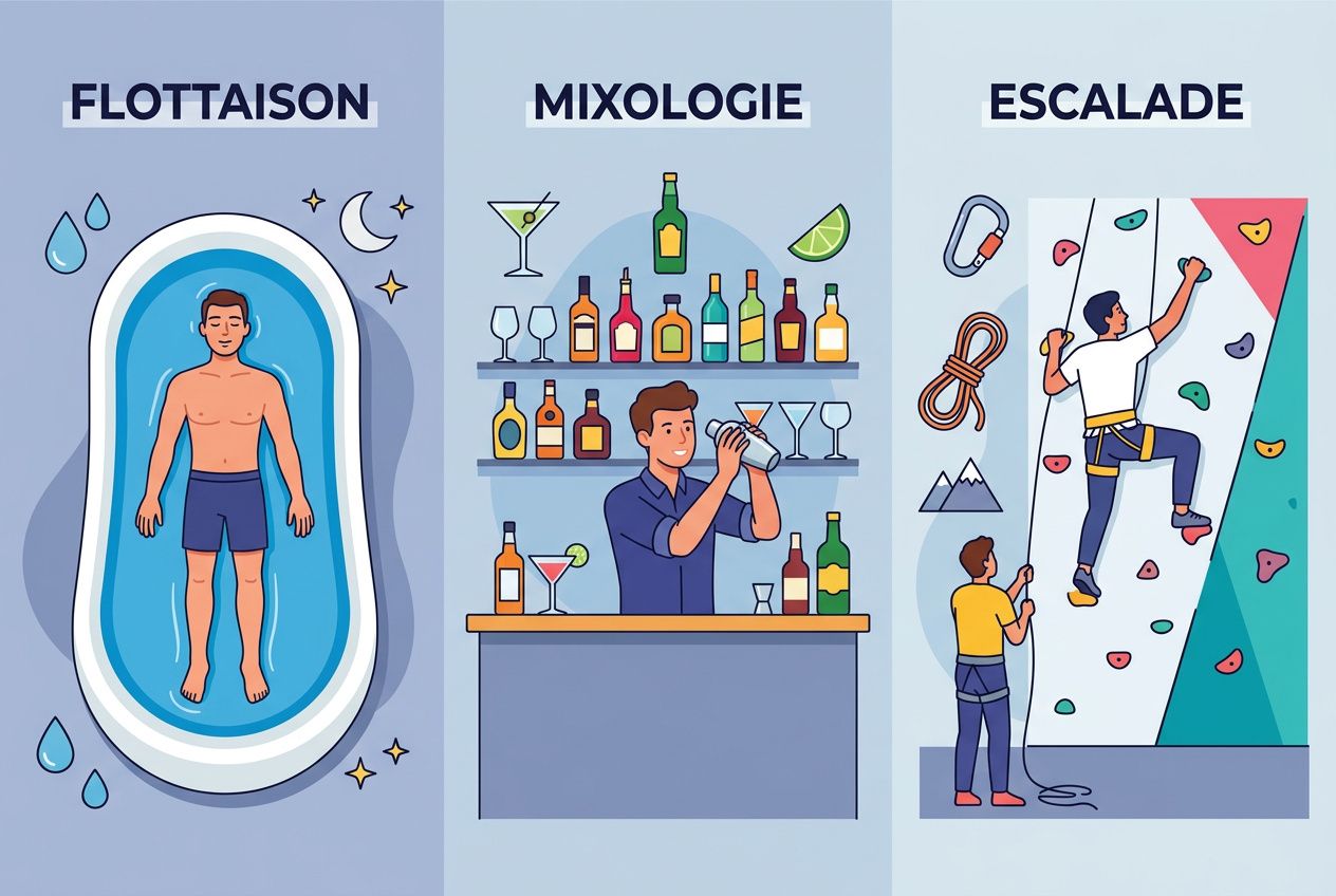 Personne dans une baignoire géante surdimensionnée à gauche, bar staff servant des boissons au centre, et personne escaladant une paroi d’escalade à droite. idée cadeau homme original pour le grooming et le style.