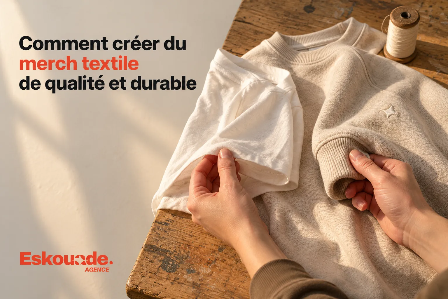 Deux pulls et un vêtement en tissu clair sur une table, avec une personne qui essuie ou ajuste le tissu beige et blanc.
