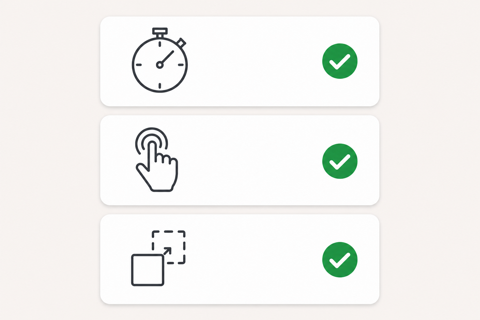 Tre schede che rappresentano i Core Web Vitals convalidati: velocità di caricamento, reattività e stabilità visiva della pagina.