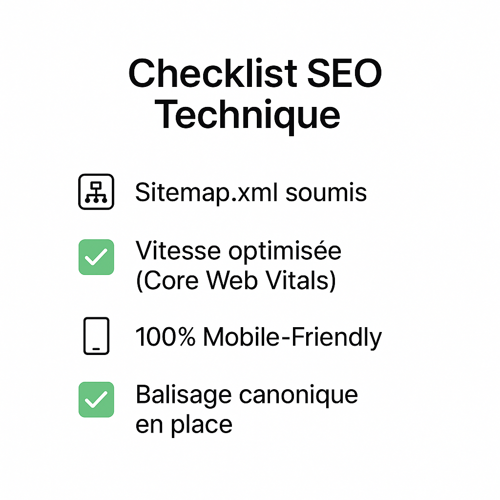 Checklist des points essentiels de l'optimisation technique SEO : sitemap, vitesse du site, compatibilité mobile et balises canoniques.