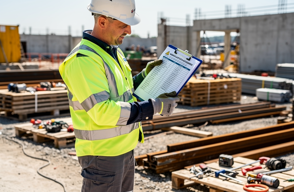 Travailleur équipé consultant DUERP sur chantier