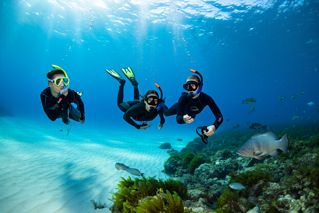 Pescatore in apnea con arbalete subacqueo