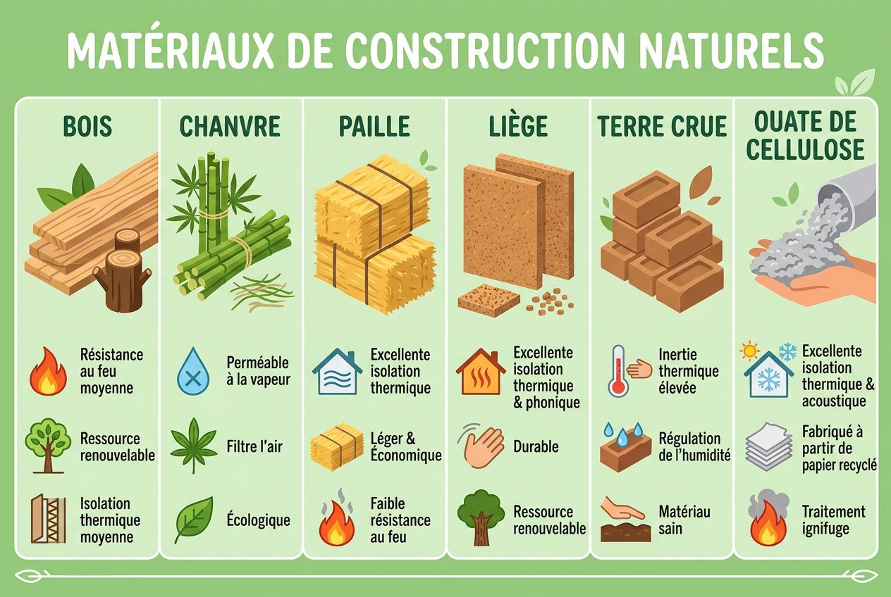 Matériaux de construction naturels: bois, chanvre, paille, liège, terre crue et ouate de cellulose, avec icônes illustrant isolation thermique, durabilité et écologie.