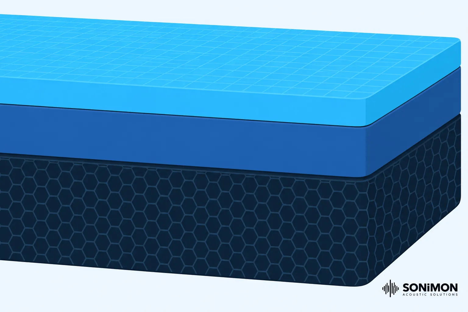 Colchón de tres capas con superficie azul clara y núcleo azul, cubierto por funda oscura con patrón de hexágonos.