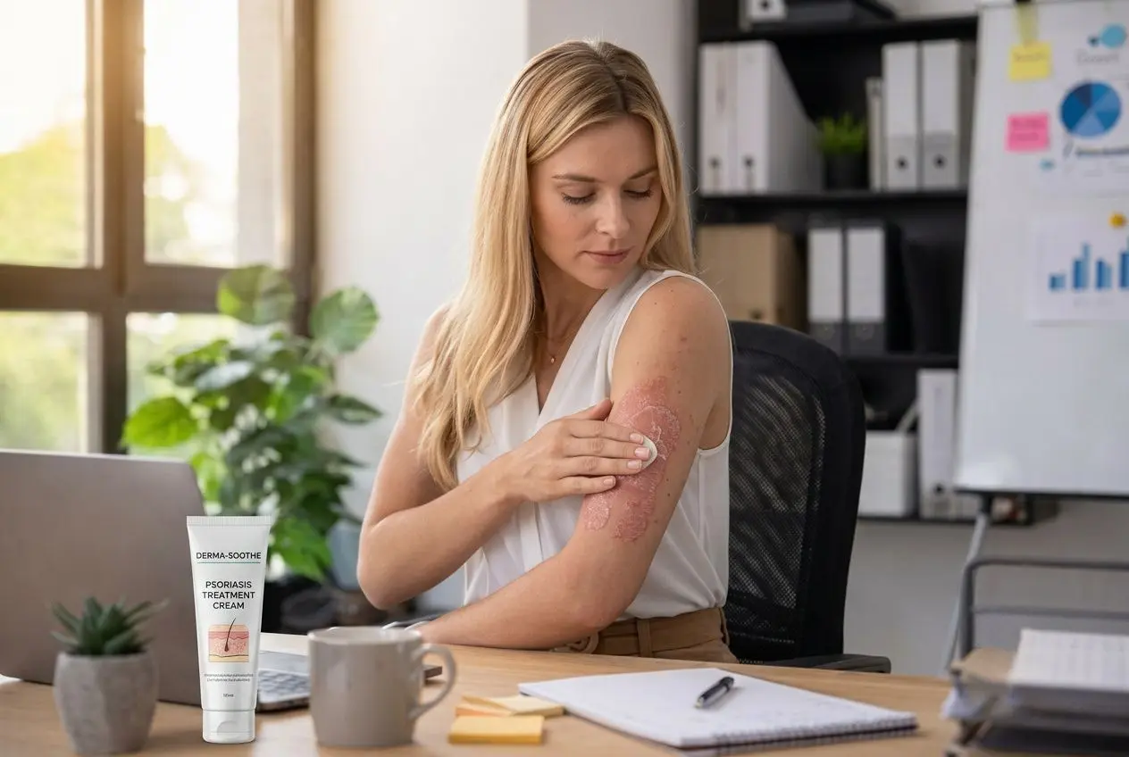 Femme au bureau appliquant une crème sur le bras, affichant une zone rouge et sèche; flacon de psoriasis crème efficace posé sur le bureau.