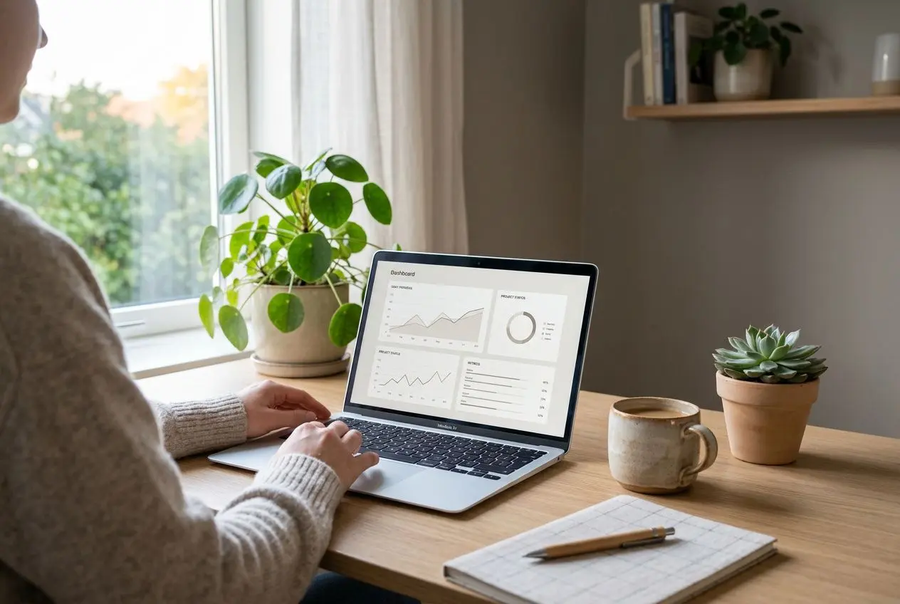 Personne travaillant sur un laptop affichant des graphiques, à domicile, avec plantes et carnet sur le bureau, illustration de business en ligne freelance.