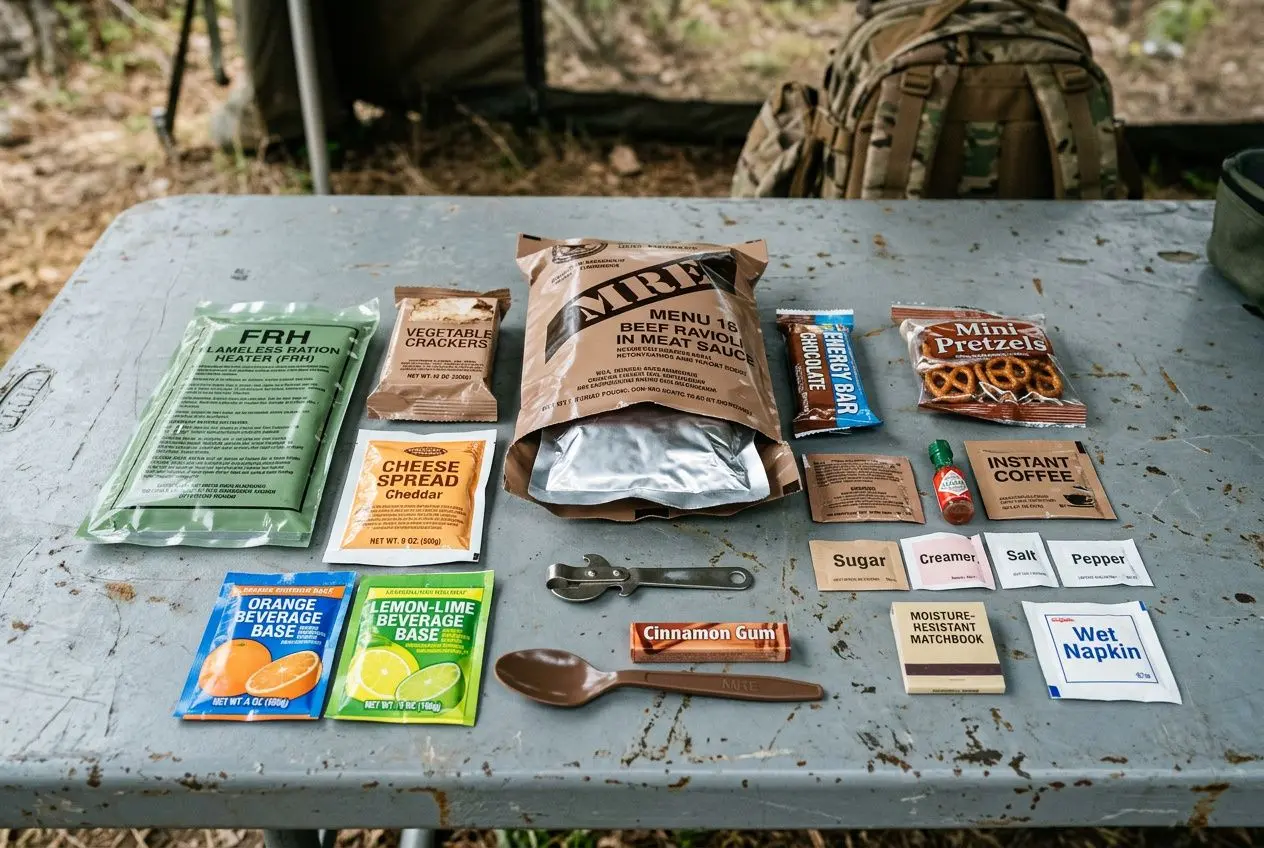 Tableau étalé de rations militaires variées sur une table métallique: sachets alimentaires, boîtes et sachets aromatisés, cuillère en plastique, petit paquet de café instantané et appâts; panaché de sacs et d’éléments de survie. Intègre subtilement le concept des meilleures rations militaires du monde.