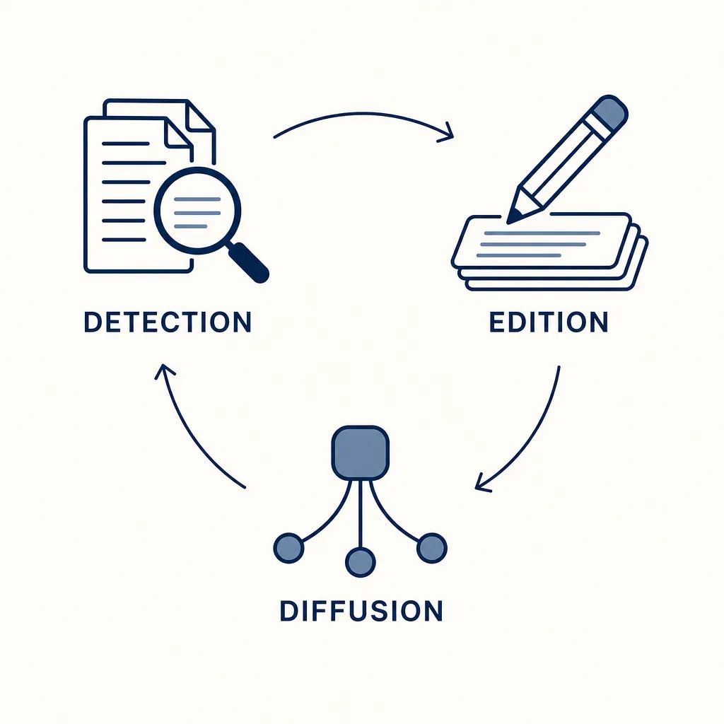 Schéma des trois étapes de la curation de contenu : détection des sources, édition, puis diffusion vers plusieurs canaux.