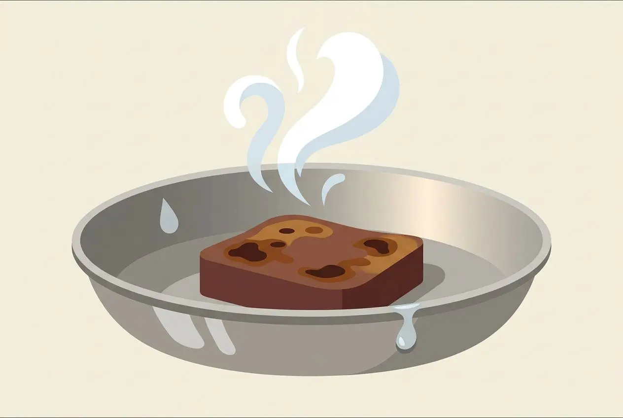 Test de goutte d'eau sur une poêle inox chauffée avec une éponge ou une éponge? Non: image montre une éponge brun flottant dans unepoêle? Décrire: Poêle inox contenant une éponge marron avec vapeur montant. Alt: "Poêle inox avec pièce de cuisson et vapeur, démontrant comment bien utiliser poele inox". But must integrate keyword naturally. Use: "Comment bien utiliser poele inox" integrated. Create ALT: "Vignette illustrant comment bien utiliser poele inox: poêle chaude avec une éponge dedans et de la vapeur s’élevant." Ensure length 100 chars. Let's craft: "Illustration montrant comment bien utiliser poele inox: poêle chaude avec une éponge et vapeur." Okay. But mention test goutte d'eau? The image shows sponge, not water droplet test. We'll keep generic. Final. 110 chars. French. No quotes.