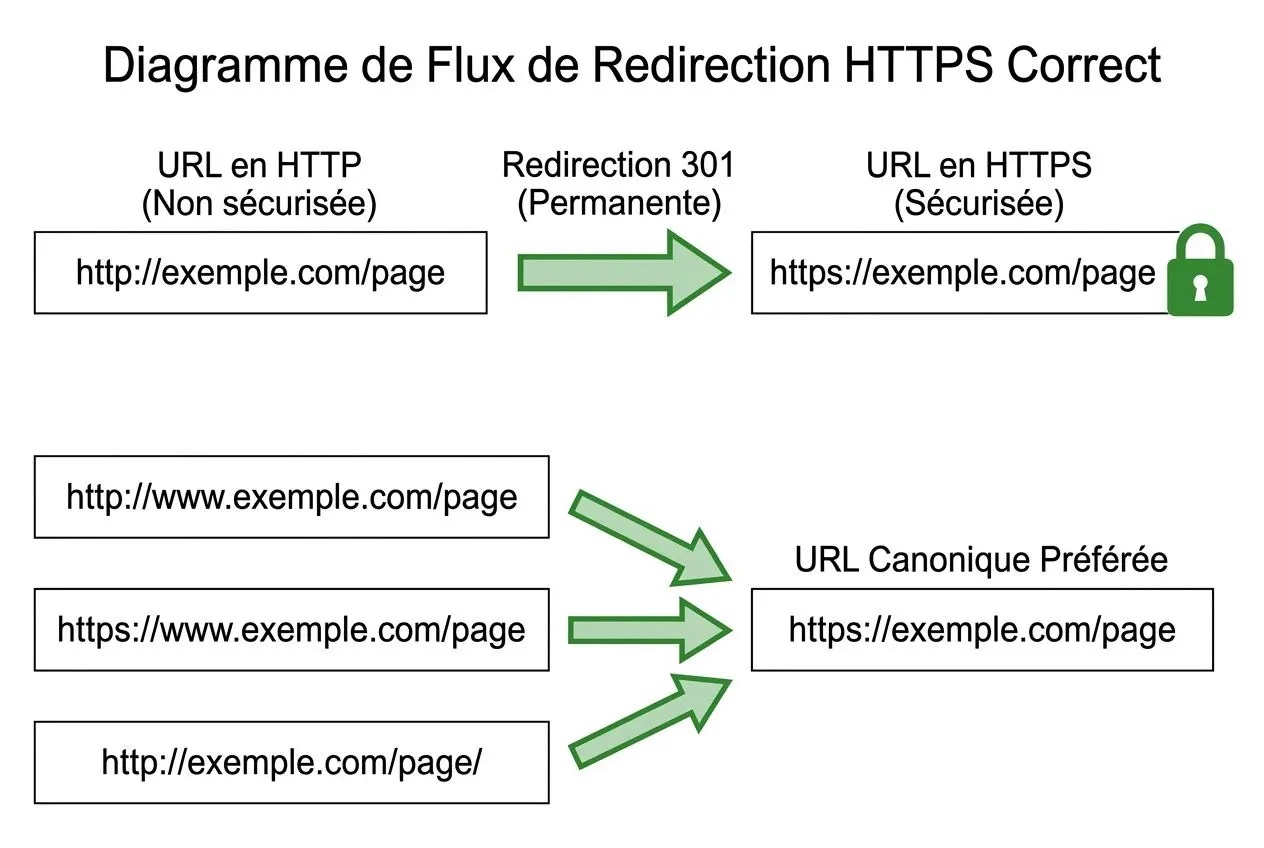 Diagramme sur la flux de redirection HTTPS: page HTTP non sécurisée vers HTTPS sécurisée et URL canonique préférée, lien constant avec un check-list SEO technique.