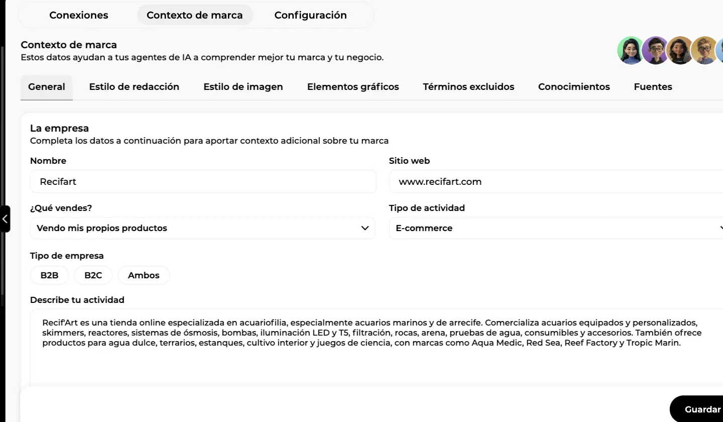Pestaña General del contexto de marca con el nombre, el tipo de actividad, el tipo de empresa y la descripción de la actividad