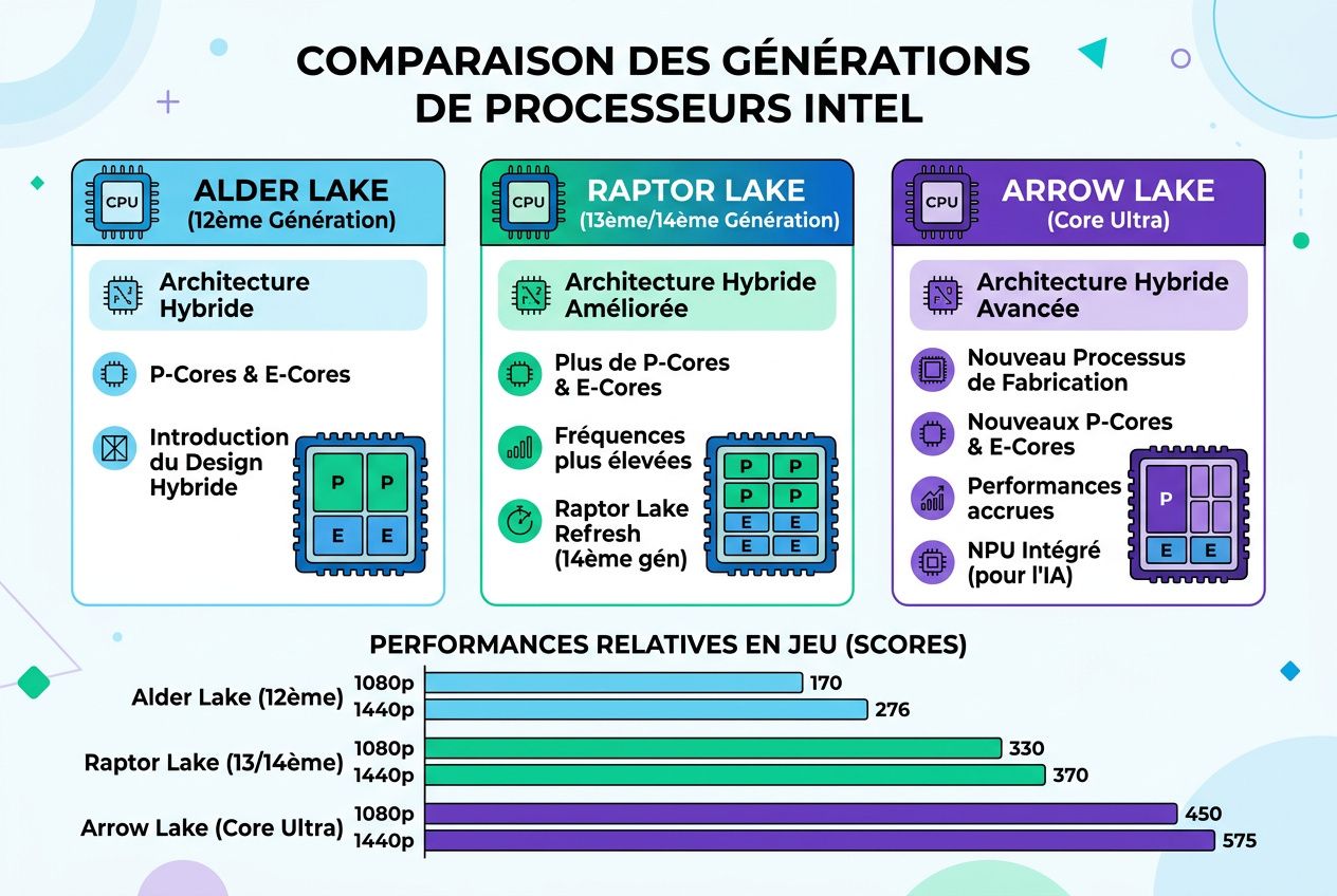 Comparaison des générations de processeurs Intel avec Alder Lake, Raptor Lake et Arrow Lake et leurs performances en jeu, illustration colorée et graphique de scores. Meilleur processeur gaming 2026 est évoqué.