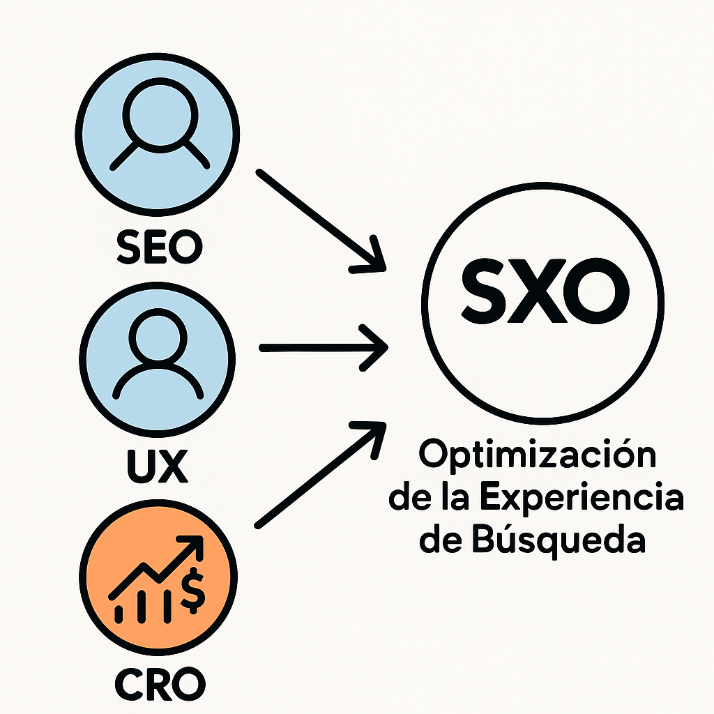 Diagrama que ilustra los tres pilares del SXO: SEO, Experiencia de Usuario (UX) y Optimización de la Tasa de Conversión (CRO).