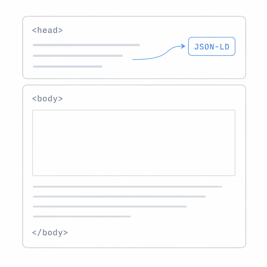Diagram showing JSON-LD code placed in a web page's head section, separate from the visible content.