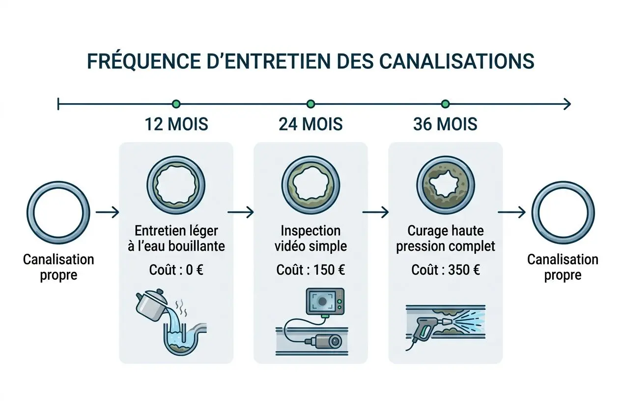 Frise illustrant la fréquence d’entretien des canalisations: canalisation propre → entretien léger à l’eau bouillante (coût 0 €) → inspection vidéo simple (coût 150 €) → curage haute pression complet (coût 350 €) → canalisation propre. Intègre le contexte de curage canalisation tarif.