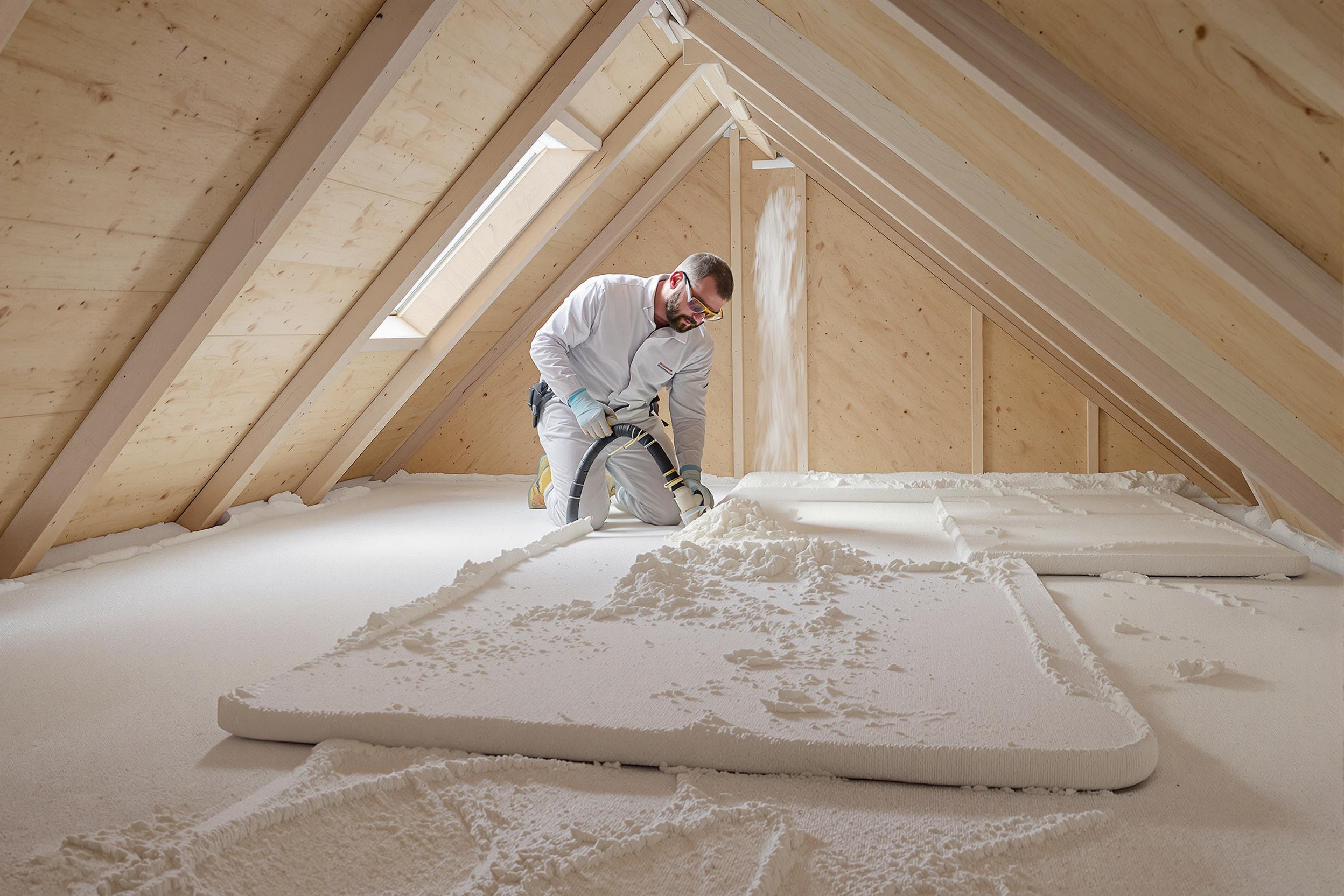 Artisan installant de la laine isolante dans des combles
