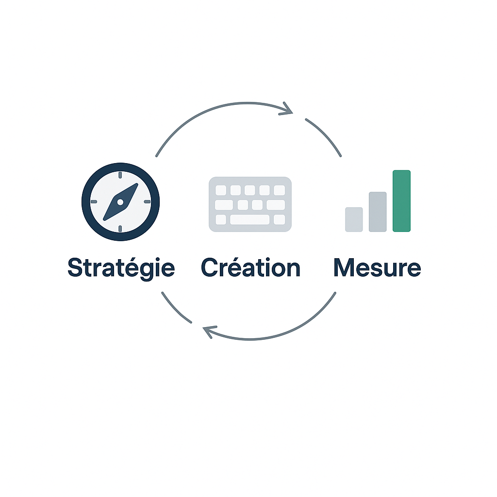 Schéma des 3 piliers du content marketing : Stratégie (boussole), Création (clavier), et Mesure (graphique), illustrant un cycle continu.