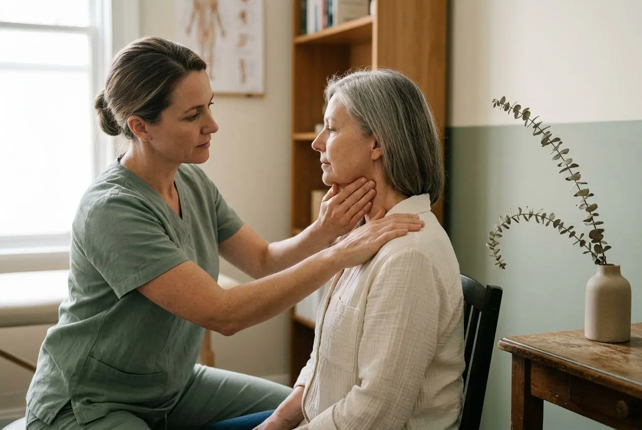 Professionnelle soignant une femme âgée, palpation de la gorge/nuque pour douleur épaule cou. Douleur épaule cou et conseils thérapeutiques.