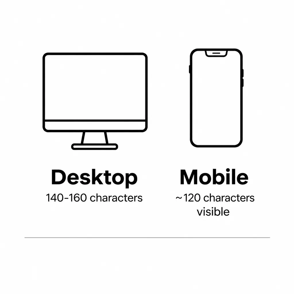 Infographic comparing the optimal meta description length on desktop and mobile.