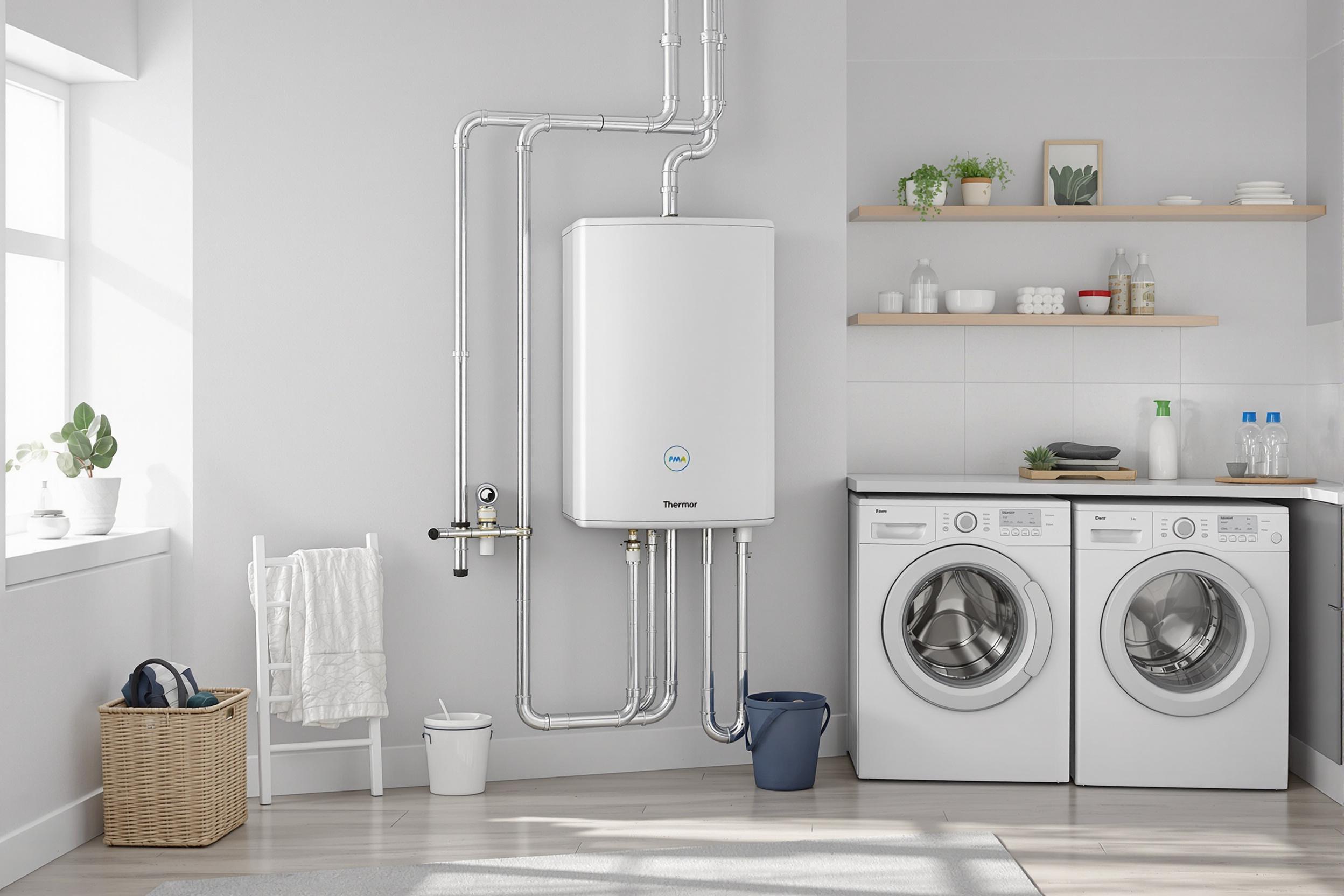 Chauffe-eau thermodynamique Thermor Aeromax 5 200&nbsp;l installé dans une buanderie moderne
