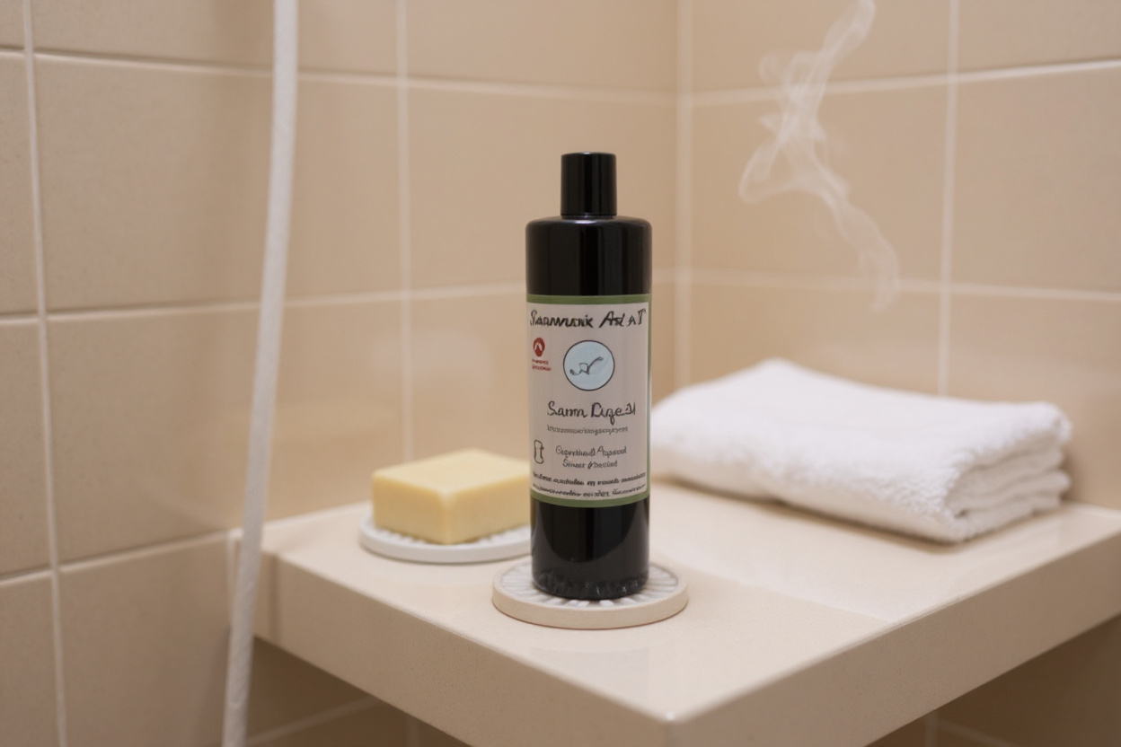 Sur une étagère de douche propre, un seul shampoing solide hypoallergénique sans huiles essentielles repose sur un porte-savon drainant.