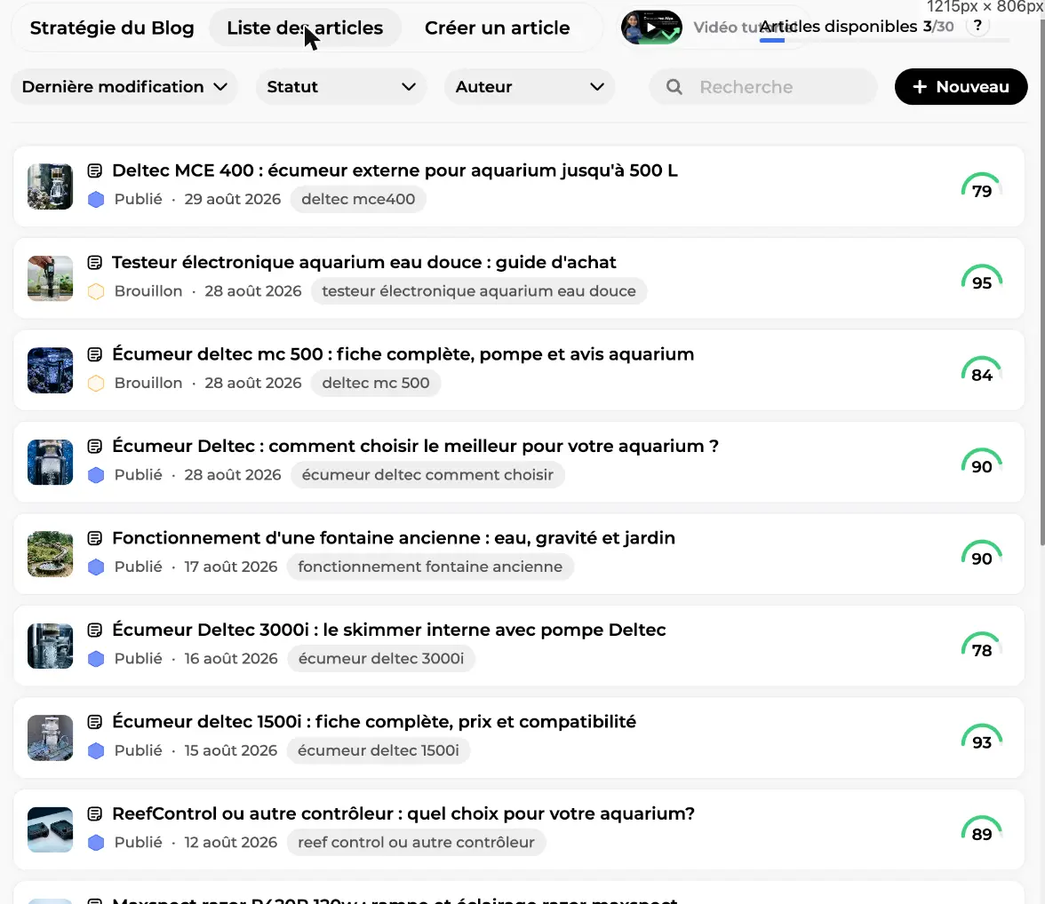 Liste des articles de blog avec filtres statut et auteur, états publié ou brouillon, mots-clés cibles et scores de contenu