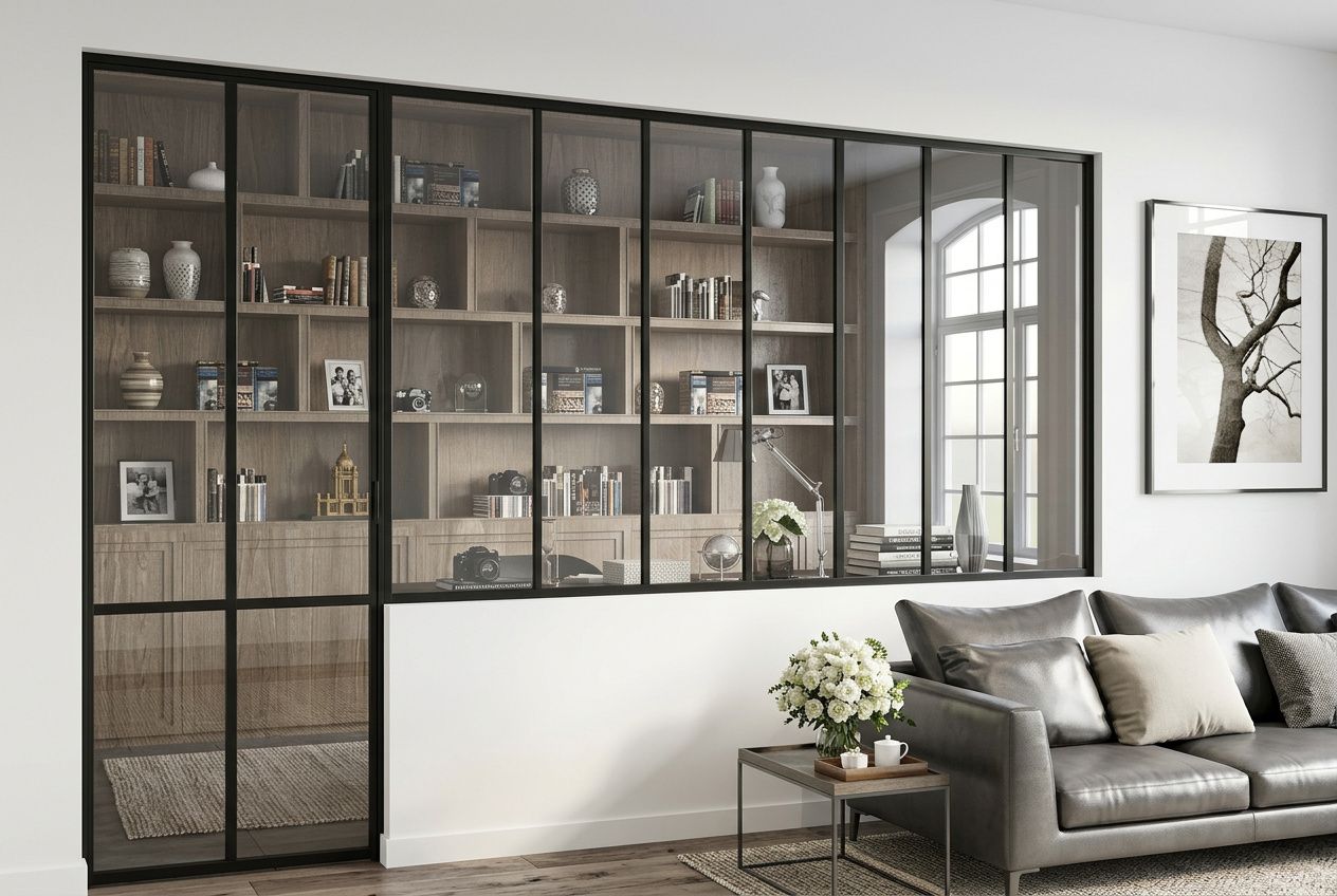 Verrière atelier noire séparant un salon moderne avec bibliothèque encastrée et grande baie vitrée, cadre métallique fin.