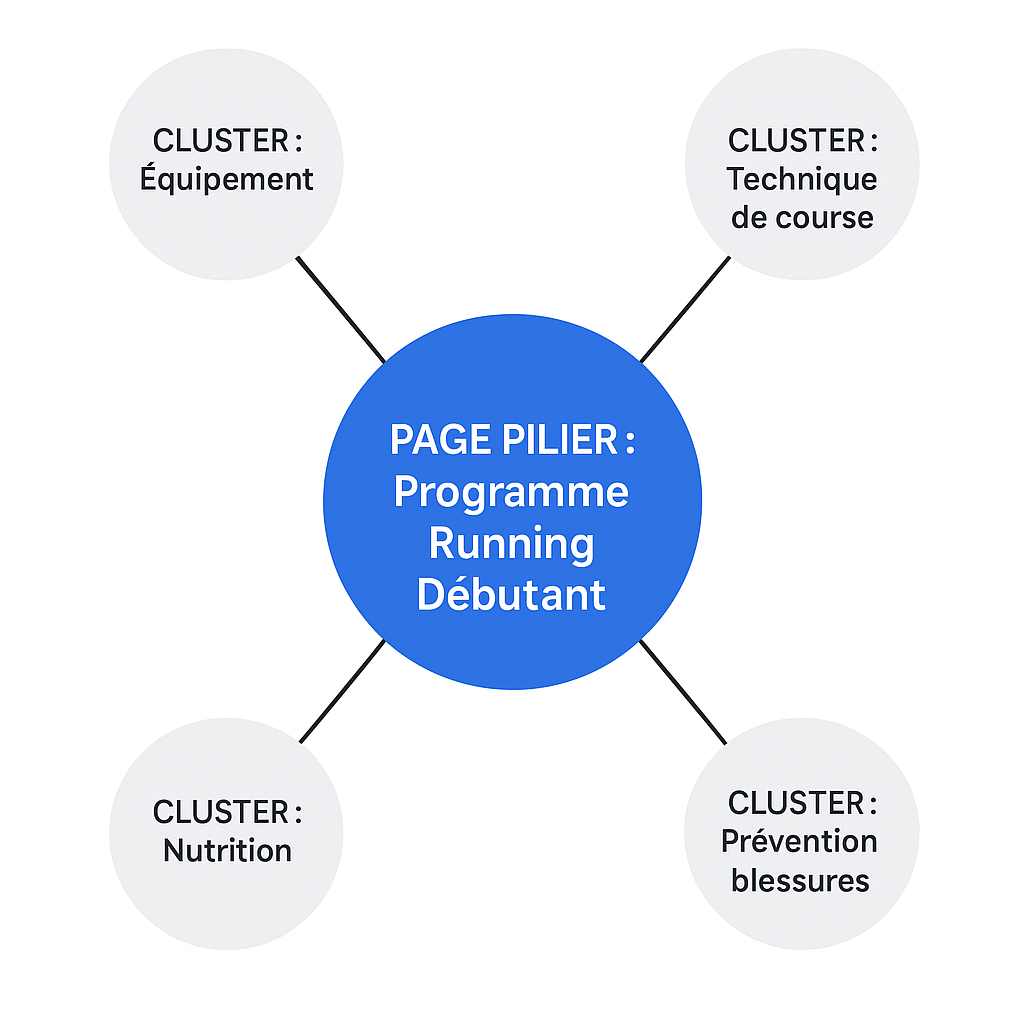 Schéma du modèle de topic cluster SEO avec une page pilier centrale sur le running et des articles de cluster sur l'équipement, la technique et la nutrition.