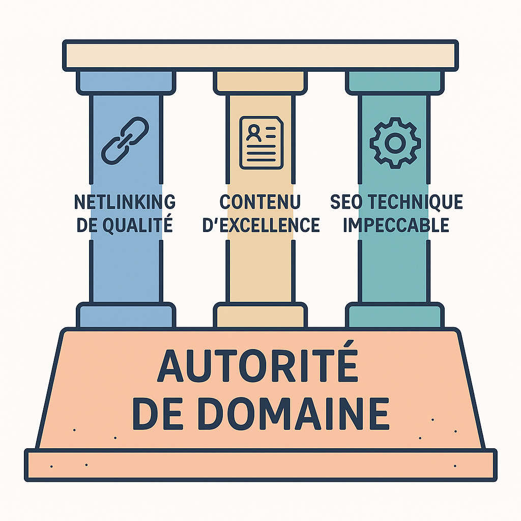 Schéma des trois piliers pour construire son autorité de domaine : Netlinking de Qualité, Contenu d'Excellence et SEO Technique Impeccable.