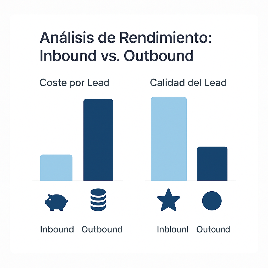 Gráfico de barras que compara el rendimiento del Inbound y Outbound Marketing, mostrando que el Inbound tiene un coste por lead más bajo y una calidad de lead mucho más alta en comparación con el Outbound.
