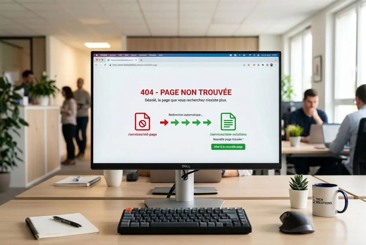 Affichage d’un écran d’ordinateur 404 “Page non trouvée” dans un bureau, avec une illustration montrant une redirection 301 vers une nouvelle page et un chemin de serveur à serveur.