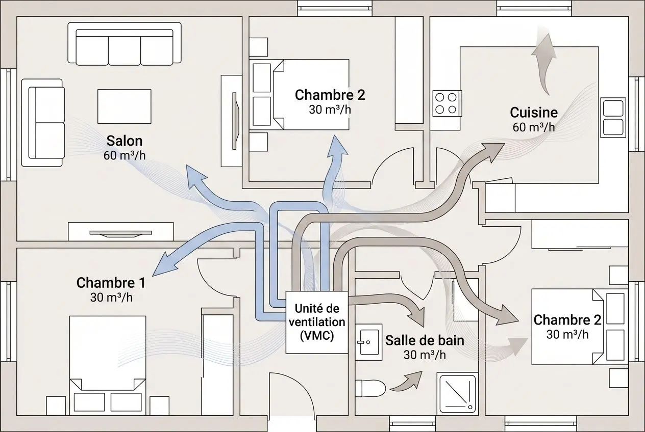 Schéma d’installation de VMC double flux montrant unité de ventilation centrale reliée à plusieurs pièces (salon, chambres, cuisine, salle de bains) avec flux d’air entrant et sortant et débits indiqués en m³/h.