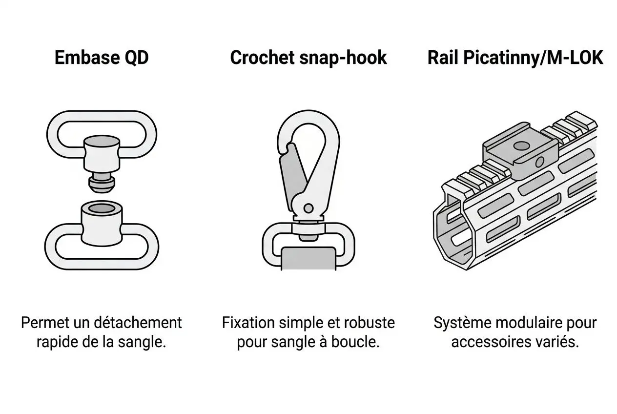 Sangle de fusil: comment choisir la meilleure pour votre arme, illustration montrant embases et connecteurs (Emb ase QD), crochet snap-hook et Rail Picatinny/M-LOK.