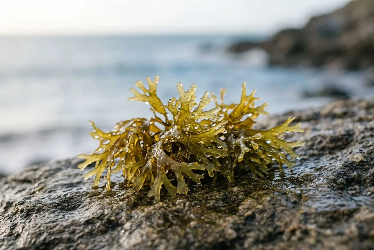 Sea moss am Felsen am Meer, grün-braune Alge mit verzweigten Blättern, unscharfer Hintergrund der Küste. sea moss nebenwirkungen integriert.