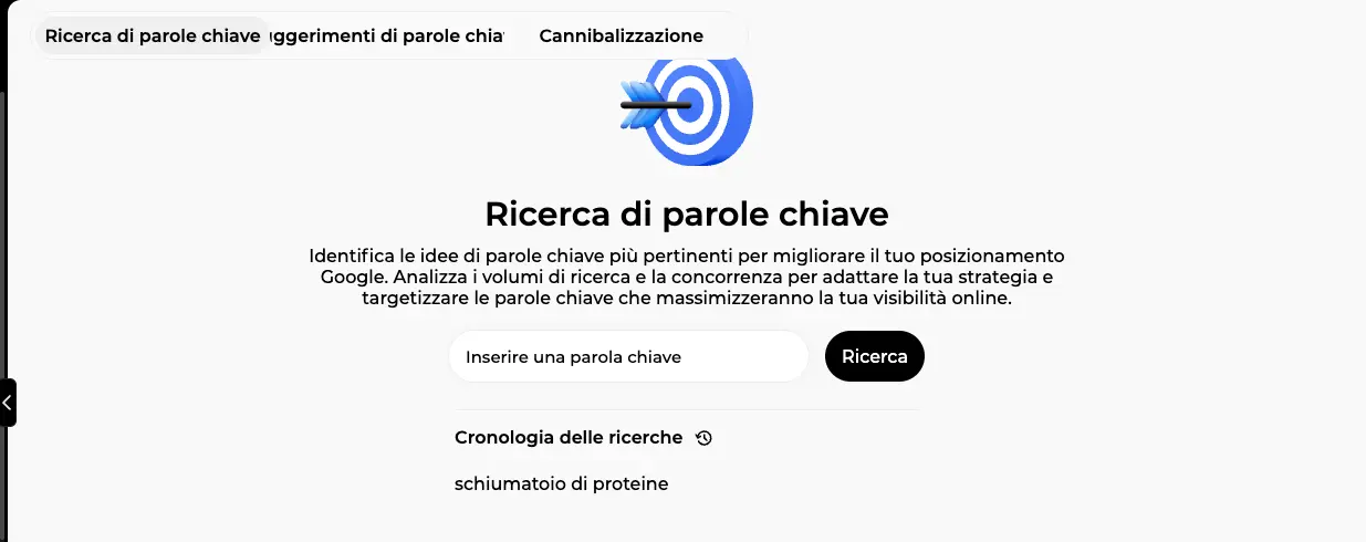 Scheda Ricerca di parole chiave con il campo Inserire una parola chiave, il pulsante Ricerca e la Cronologia delle ricerche