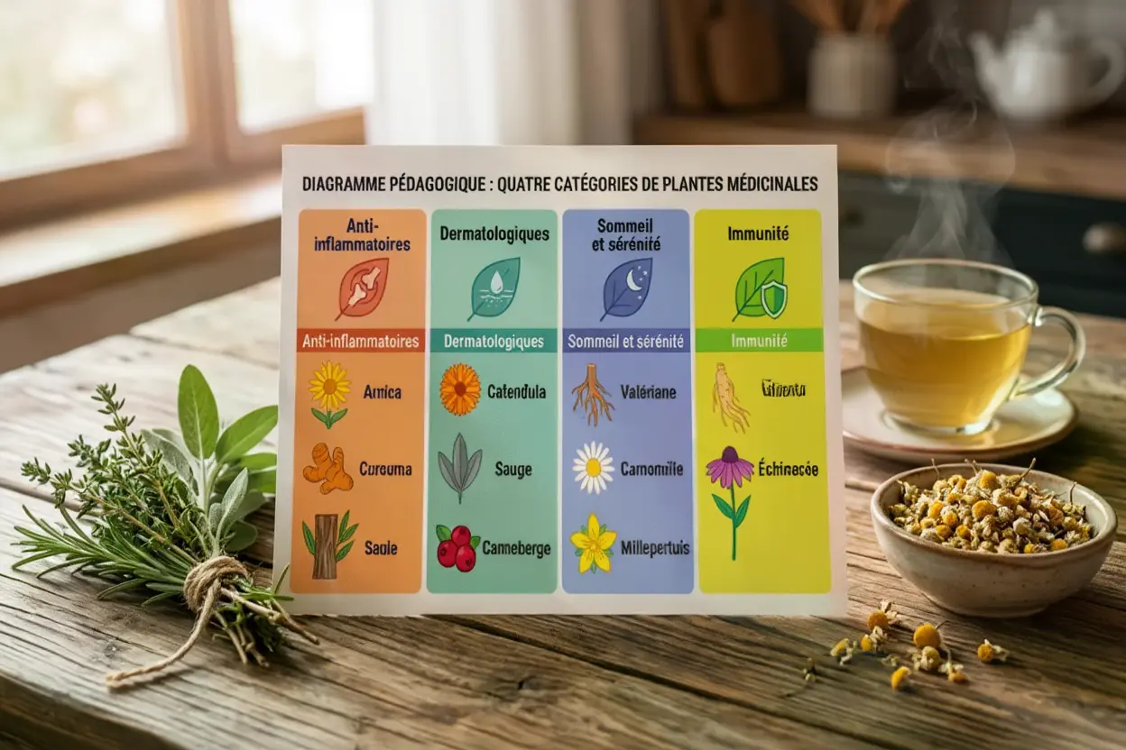 Diagramme pédagogique sur les plantes médicinales, avec herbes sur bois et infusion à côté - différence entre phytothérapie et herboristerie intégrée dans le contexte.