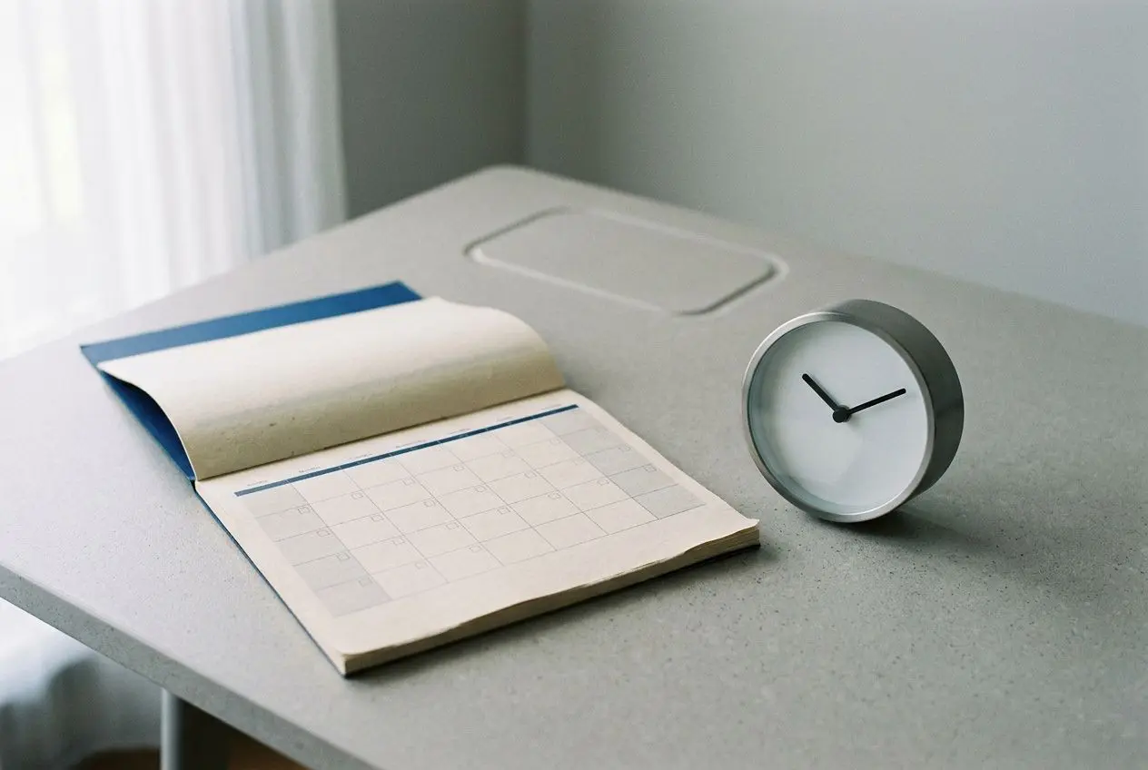 Horloge et agenda papier sur un bureau, image claire et neutre évoquant l’organisation et le respect des délais pour la conformité légale sms marketing